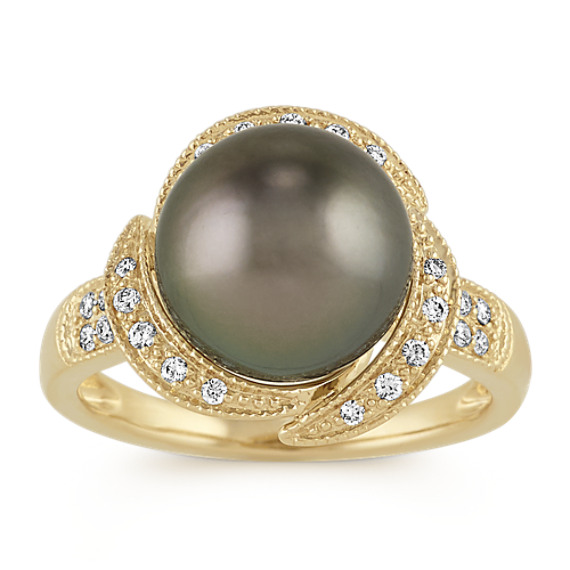10mm Cultured Tahitian Pearl and Diamond Ring 