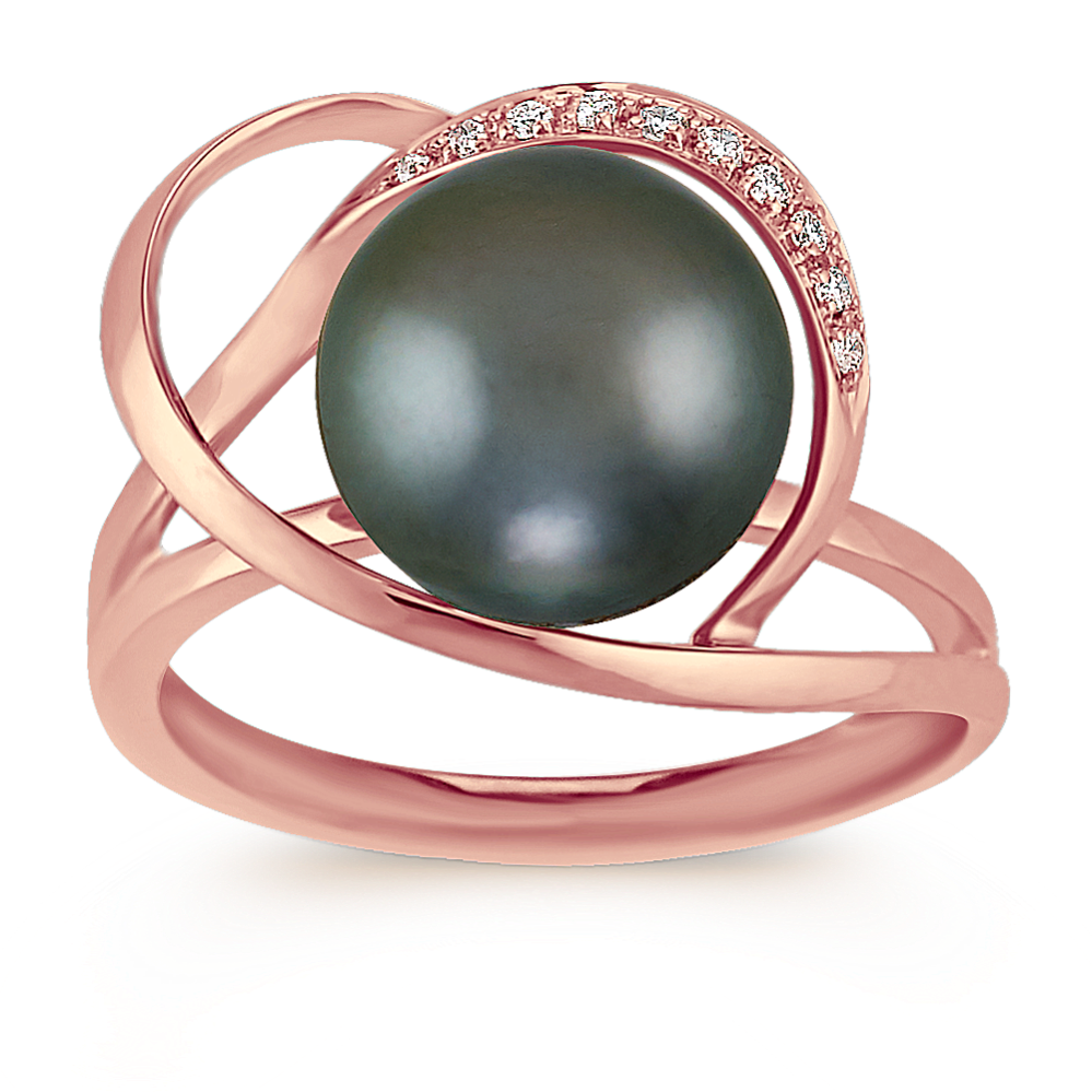 10mm Tahitian Cultured Pearl and Round Diamond Ring in Rose Gold