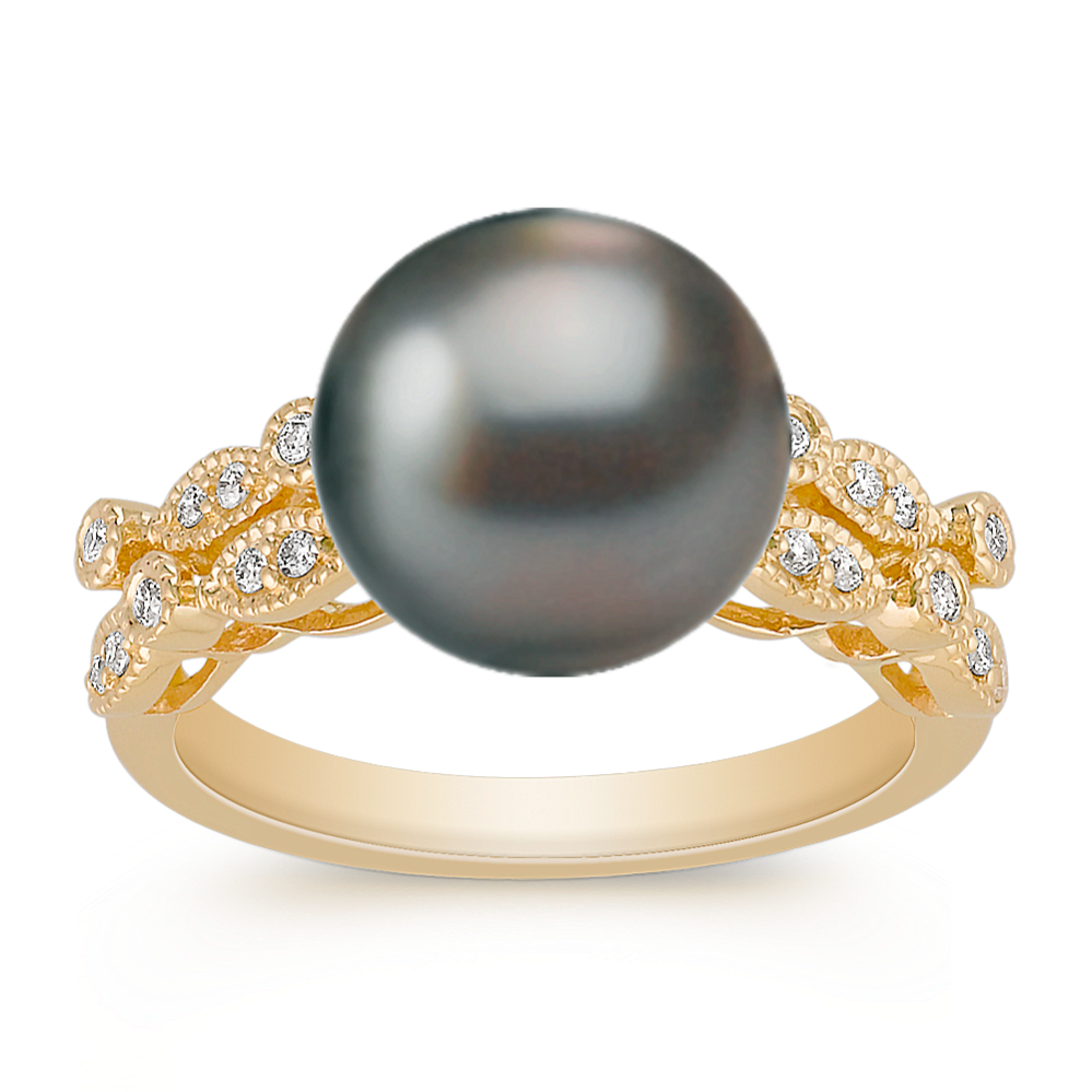 10mm Tahitian Cultured Pearl and Round Diamond Ring