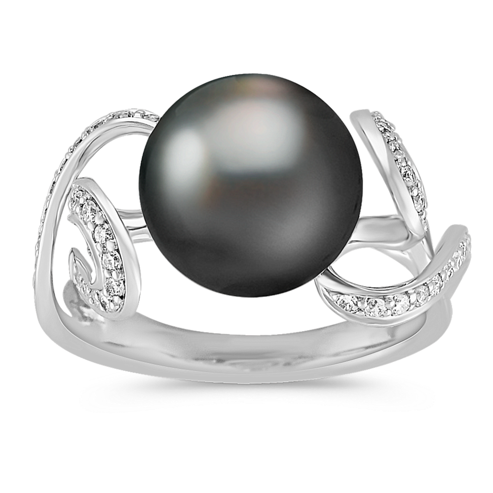10mm Tahitian Cultured Pearl and Round Diamond Ring