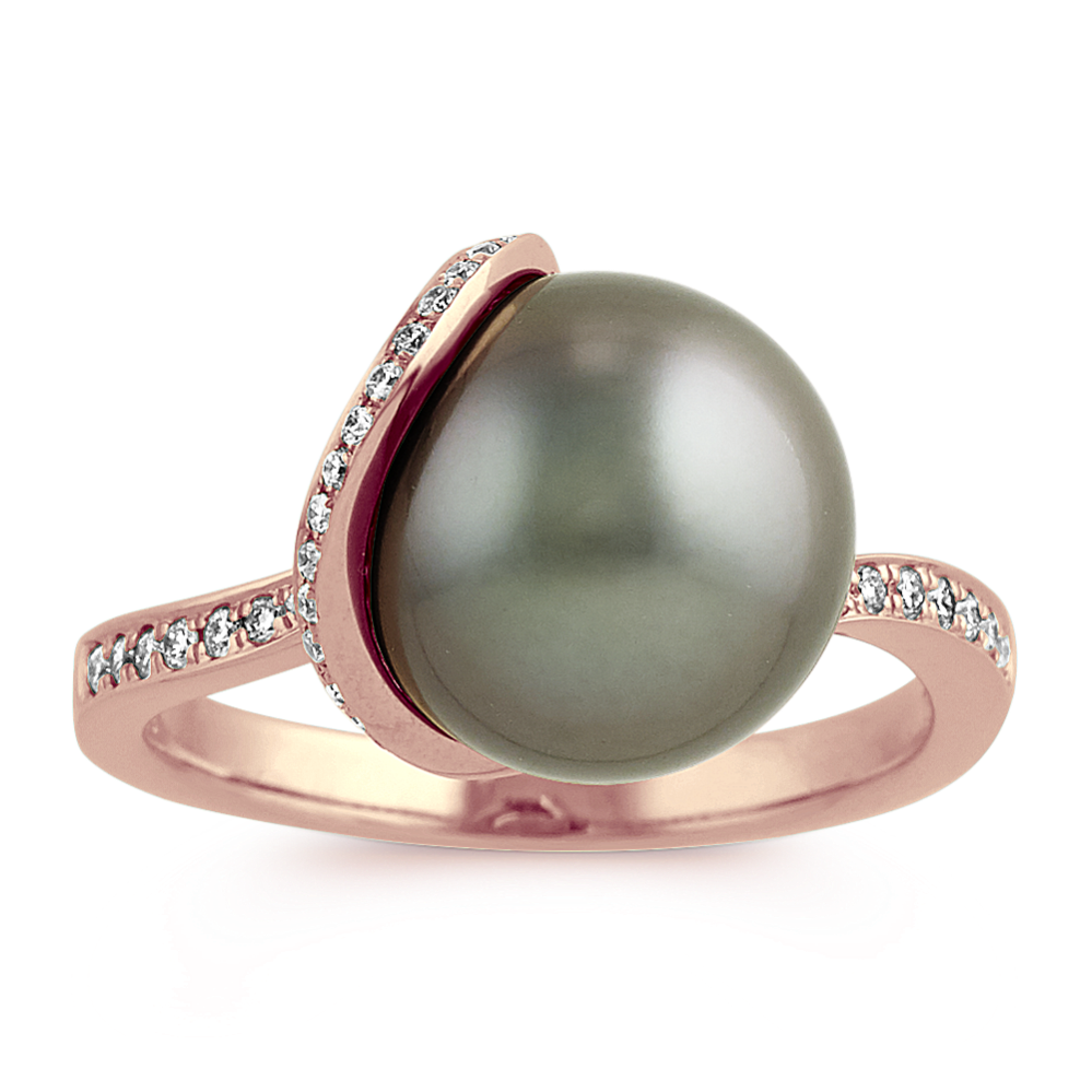 10mm Tahitian Cultured Pearl and Diamond Ring in 14k Rose Gold