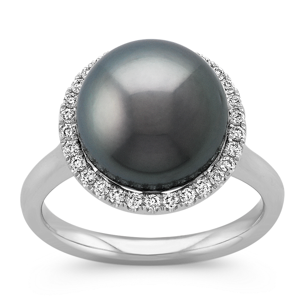 11mm Tahitian Cultured Pearl and Diamond Halo Ring