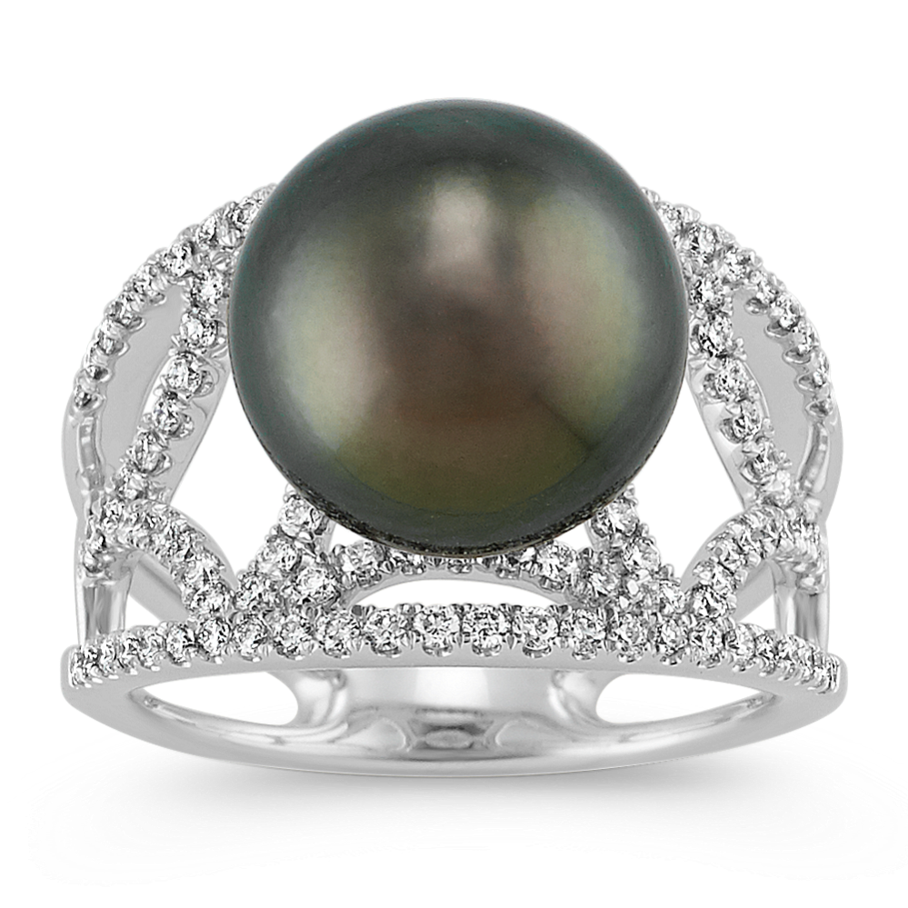 11mm Tahitian Cultured Pearl and Diamond Ring in 14k White Gold