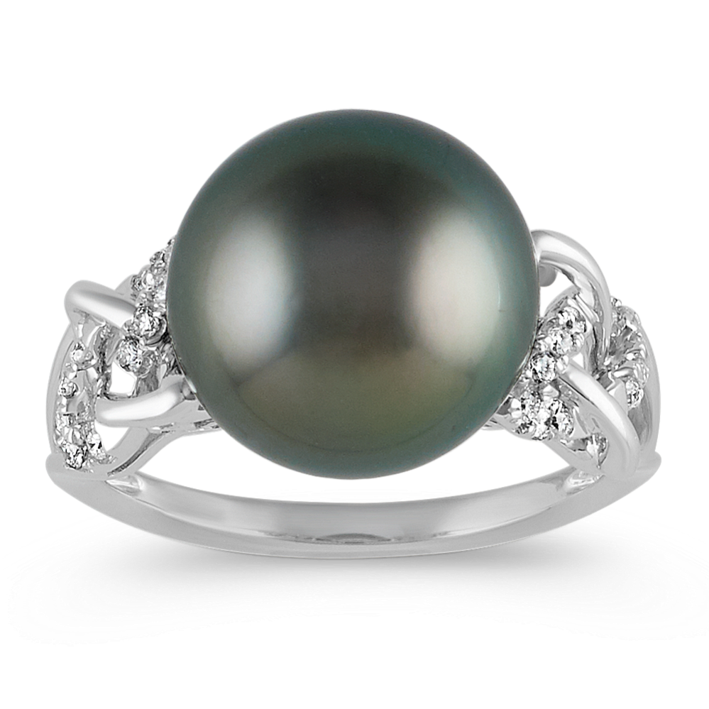 11mm Tahitian Cultured Pearl and Diamond Ring in 14k White Gold
