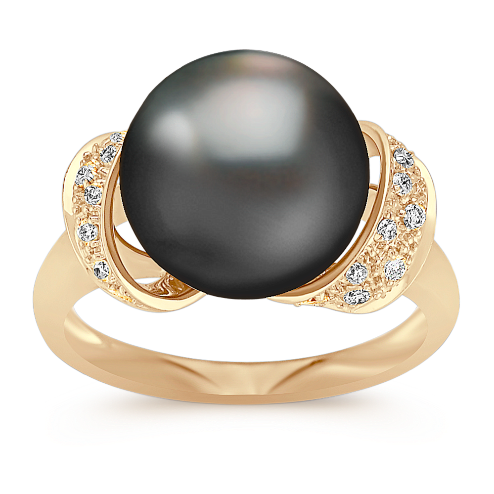 11mm Tahitian Cultured Pearl and Round Diamond Ring