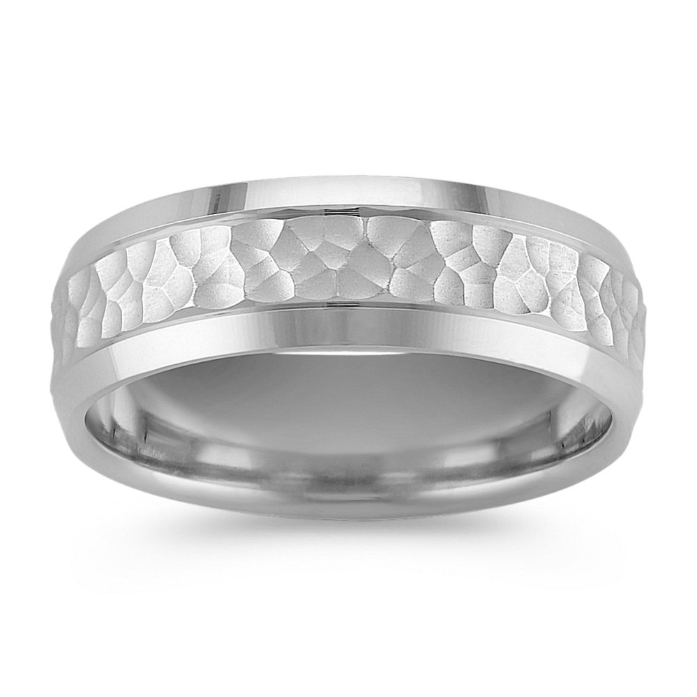 14k White Gold Comfort Fit Ring with Hammered Finish (7.5mm)