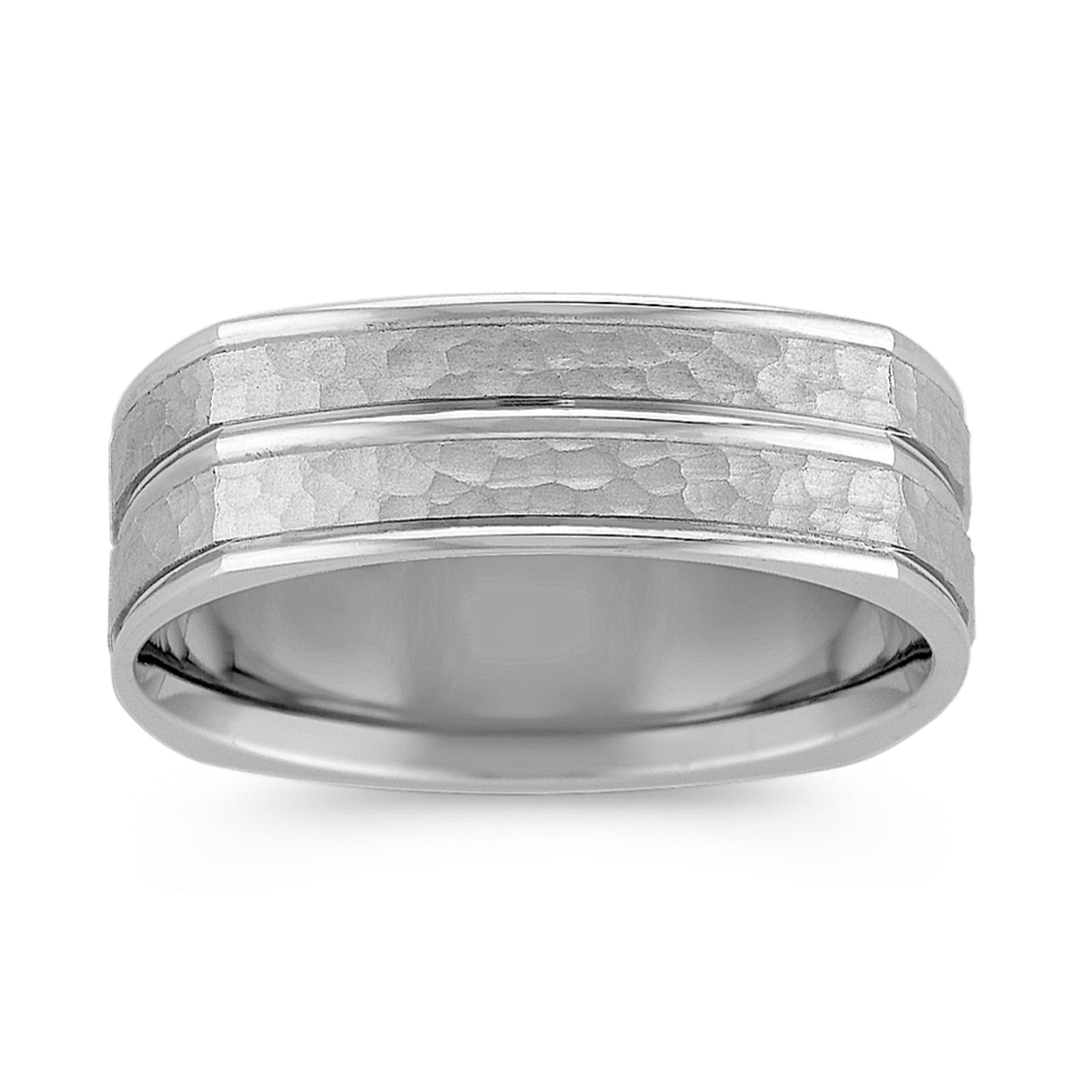 14k White Gold Comfort Fit Ring with Hammered Finish (7mm)