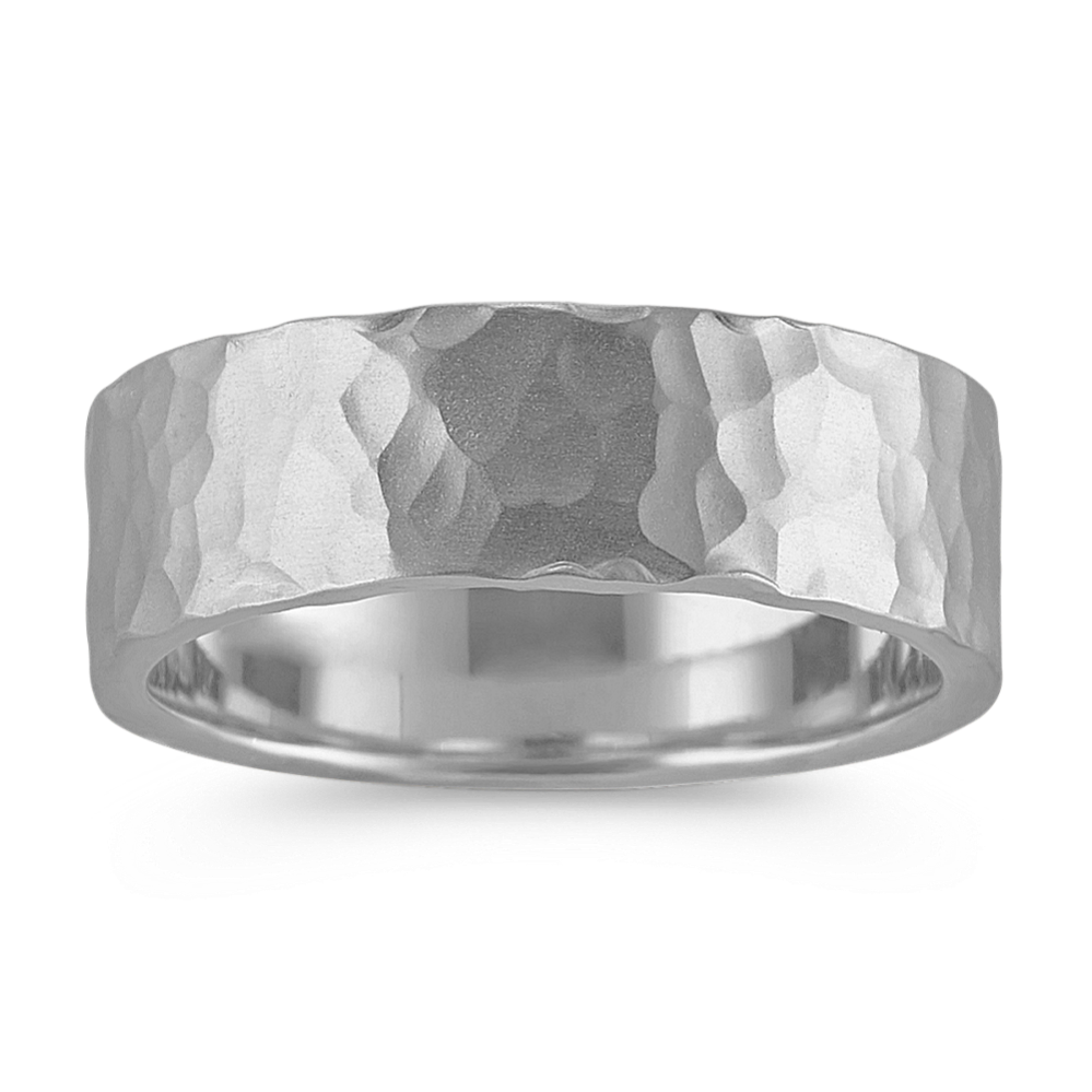 14k White Gold Comfort Fit Ring with Hammered Finish (7mm)
