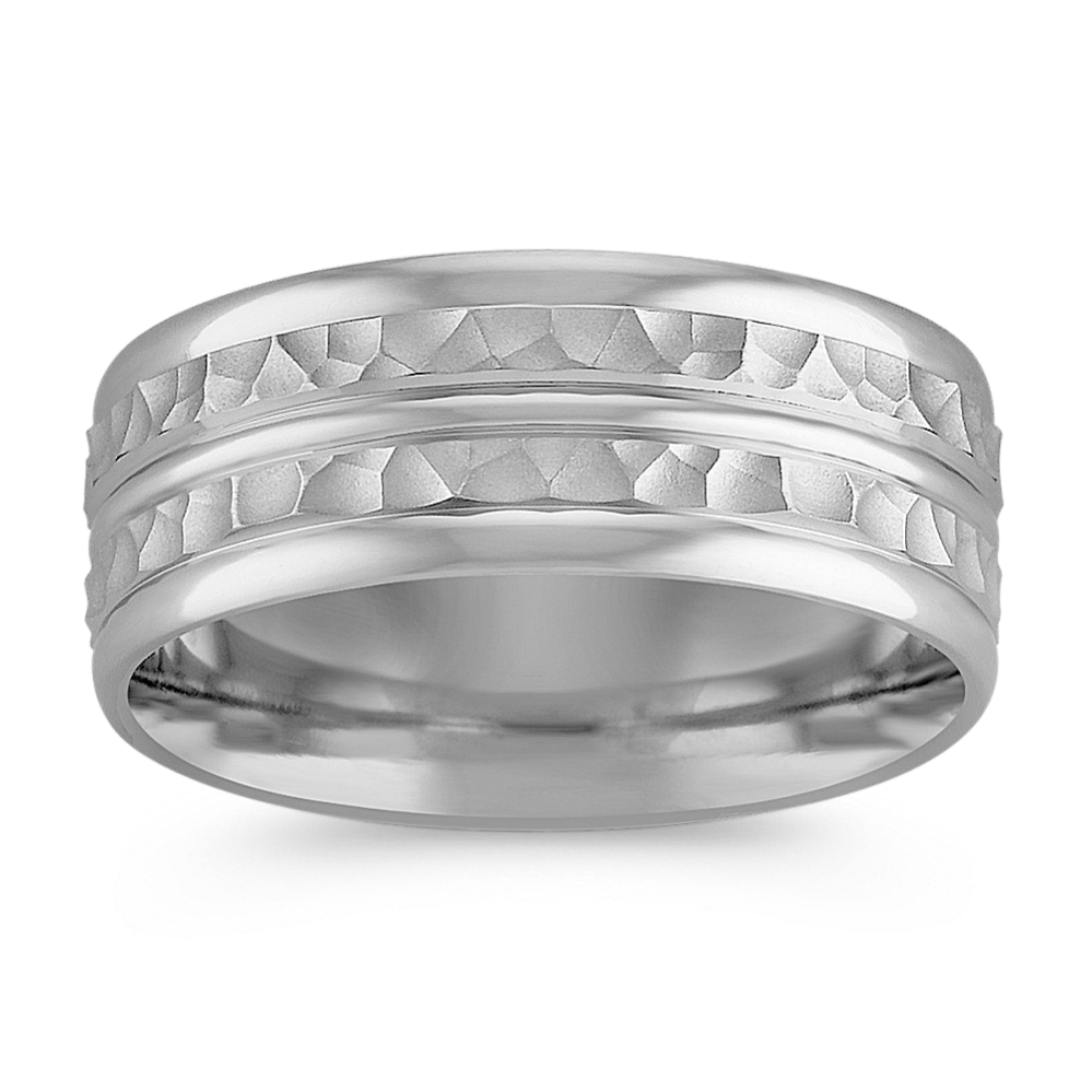 14k White Gold Comfort Fit Ring with Hammered Finish (8mm)