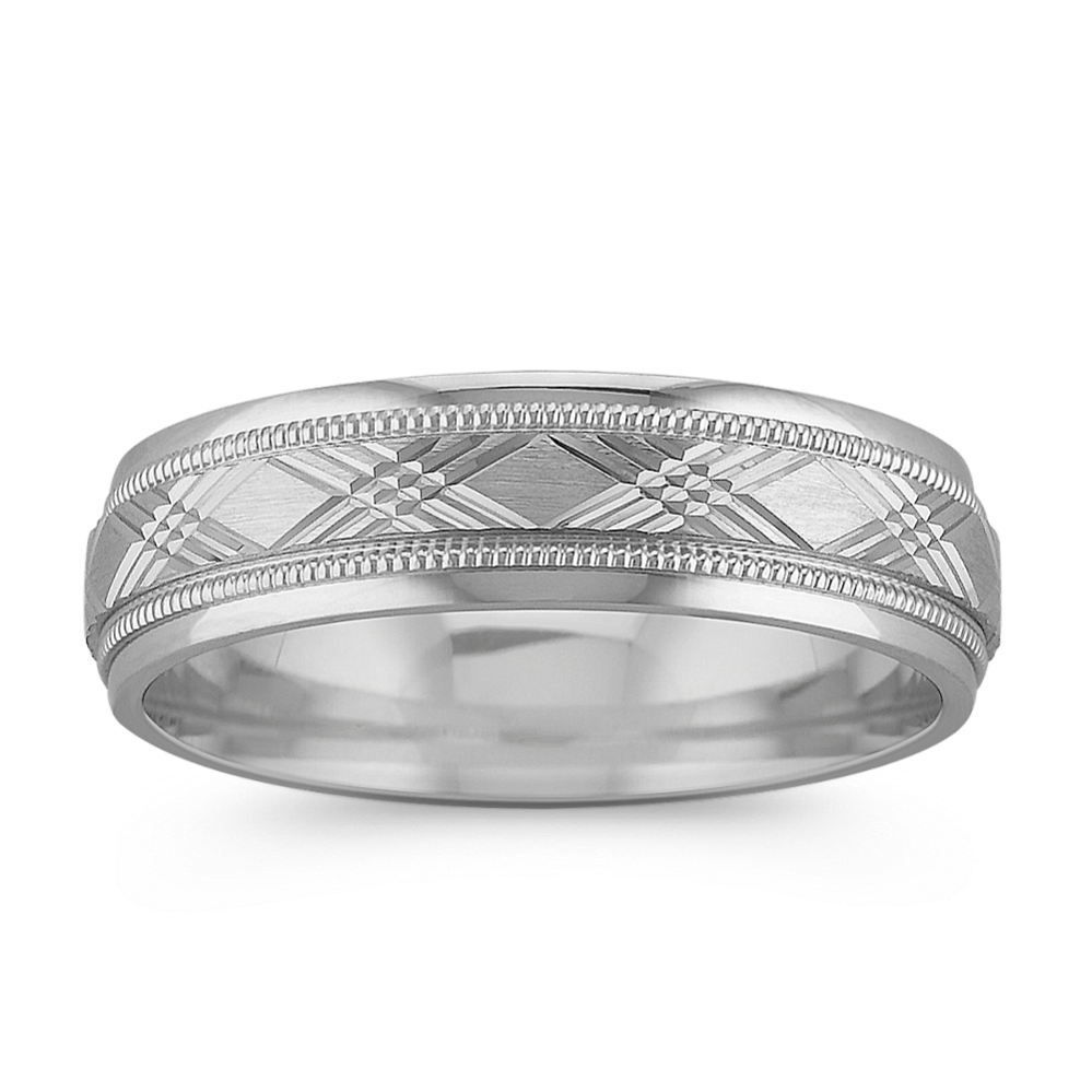 14k White Gold Cross Hatched Wedding Band (6mm)