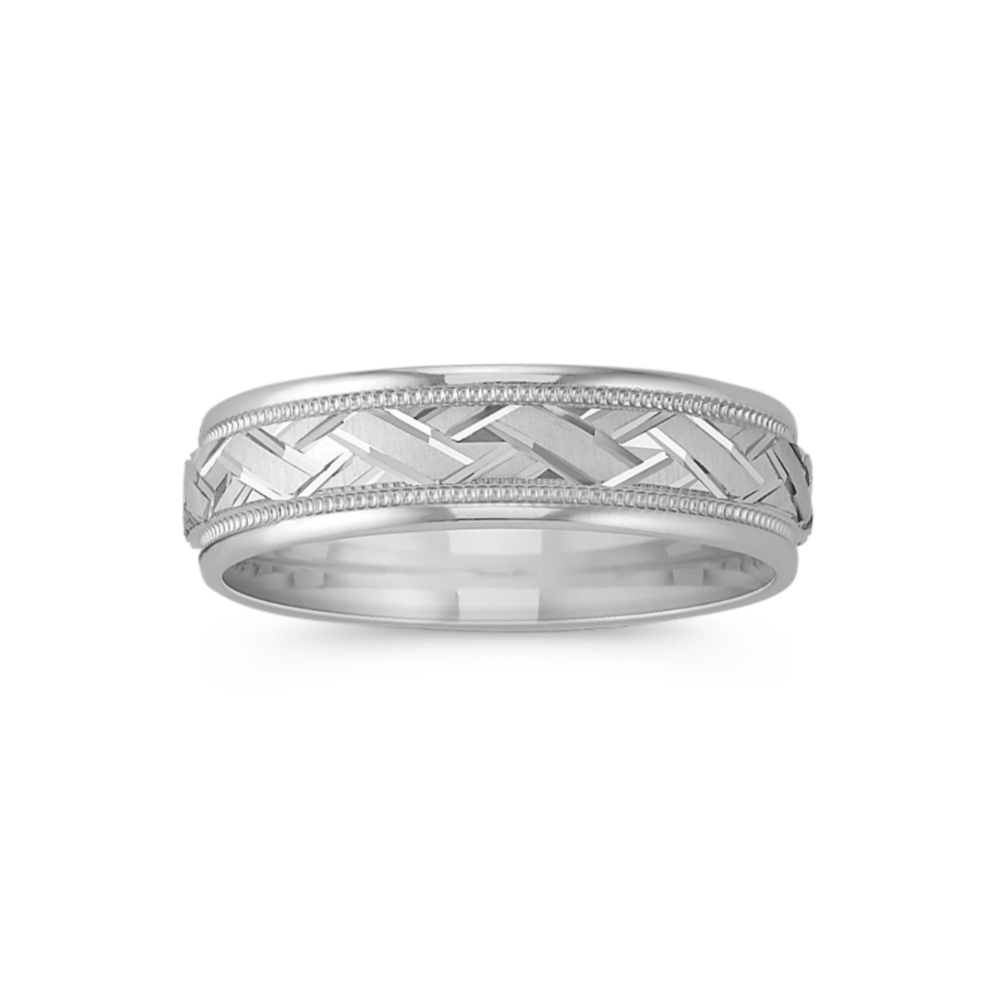 14k White Gold Engraved Crisscross Wedding Band (6mm)