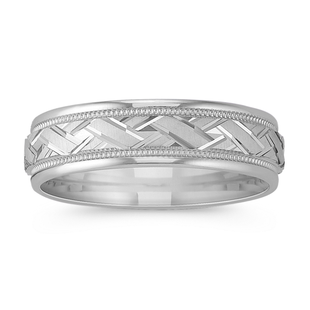 14k White Gold Engraved Crisscross Wedding Band (6mm)