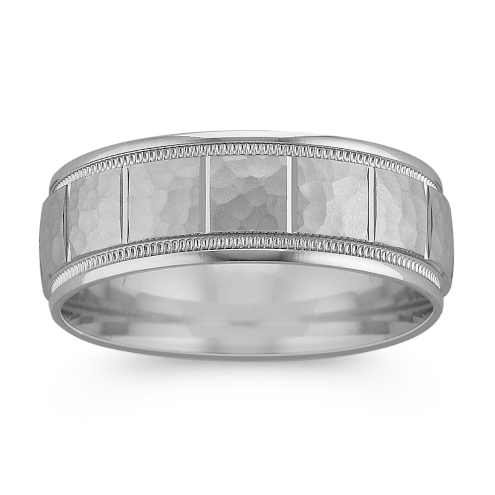 14k White Gold Engraved Ring with Hammered Finish (7mm)