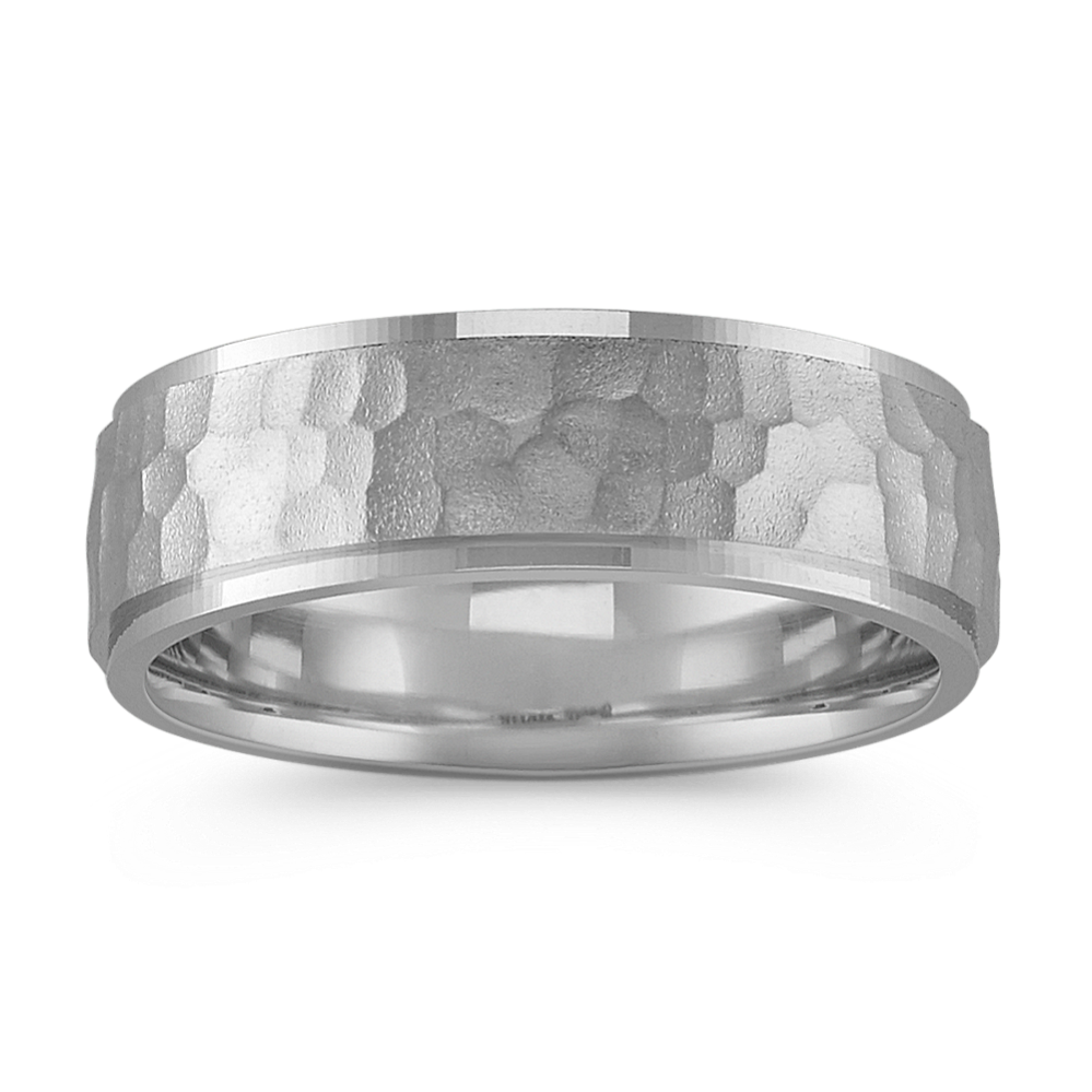 14k White Gold & Sterling Silver Band with Hammered Finish (7mm)