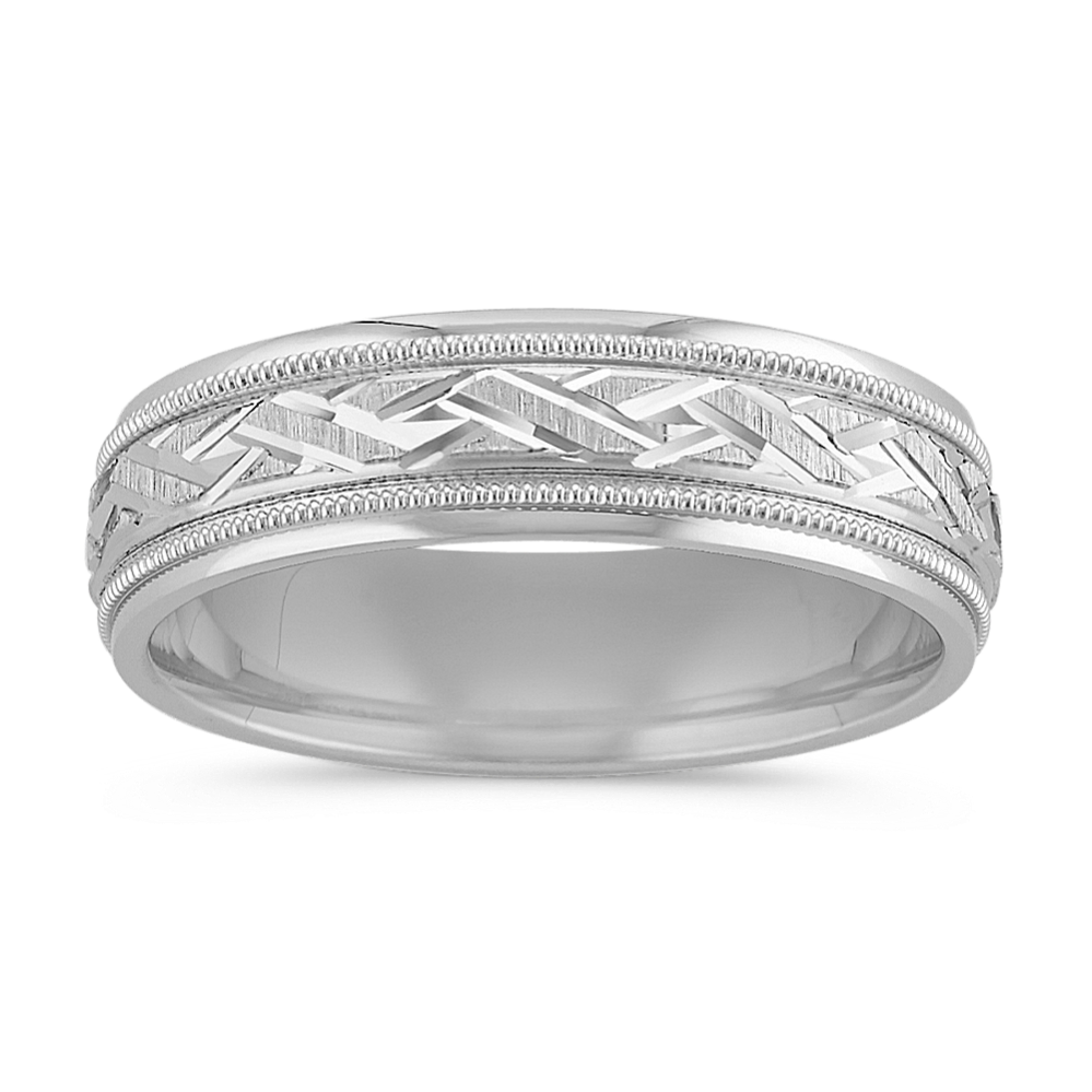 14k White Gold and Sterling Silver Engraved Cross Hatched Ring (6mm)