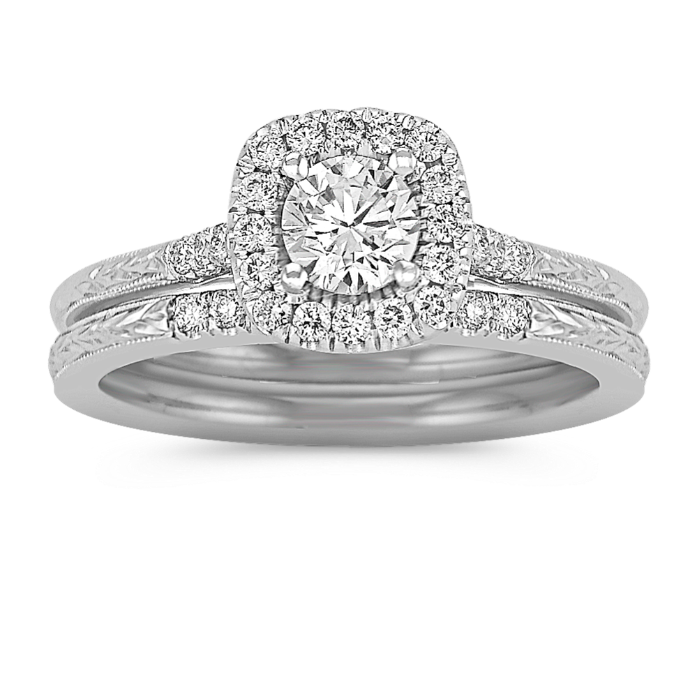 3/8 ct. Round Center Diamond, Halo Wedding Set with Engraving