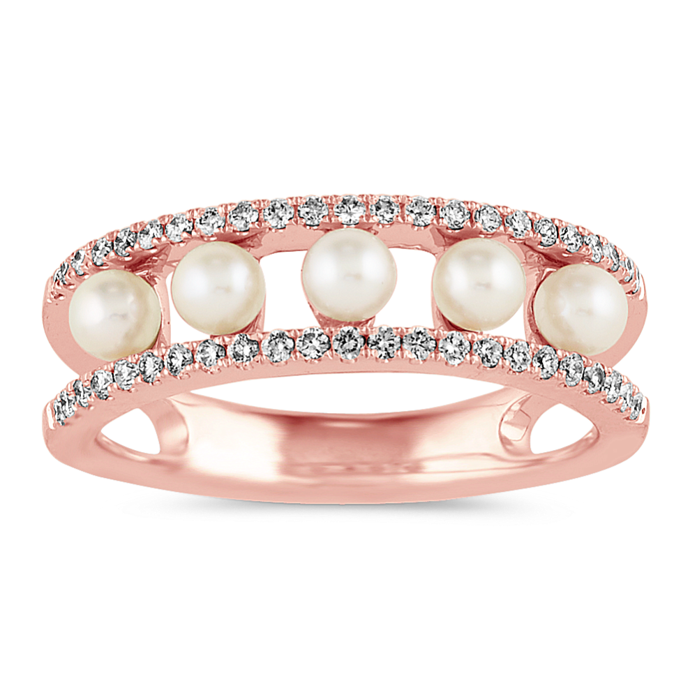 3mm White Akoya Cultured Pearl and Diamond Ring in 14k Rose Gold