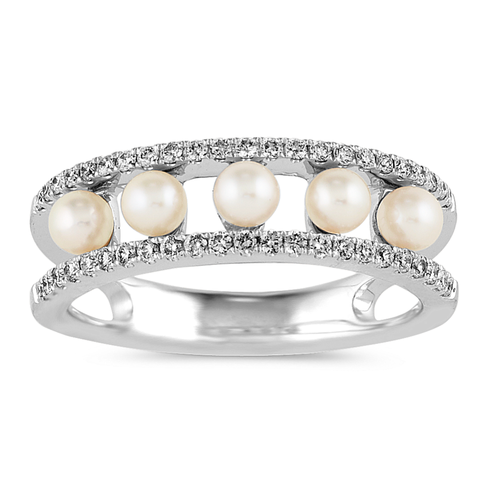3mm White Akoya Cultured Pearl and Diamond Ring