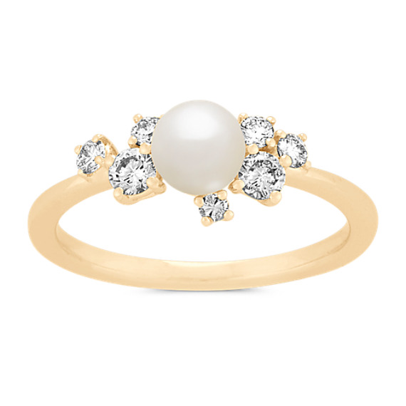 Cathrine 4mm Akoya Pearl and Diamond Cluster Ring in 14K Yellow Gold