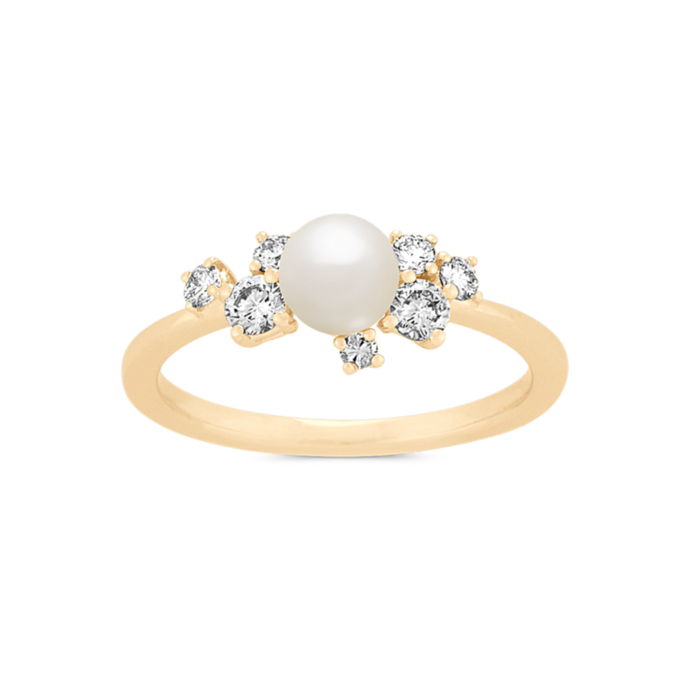 Catherine 4mm Akoya Pearl and Diamond Cluster Ring in 14K Yellow Gold