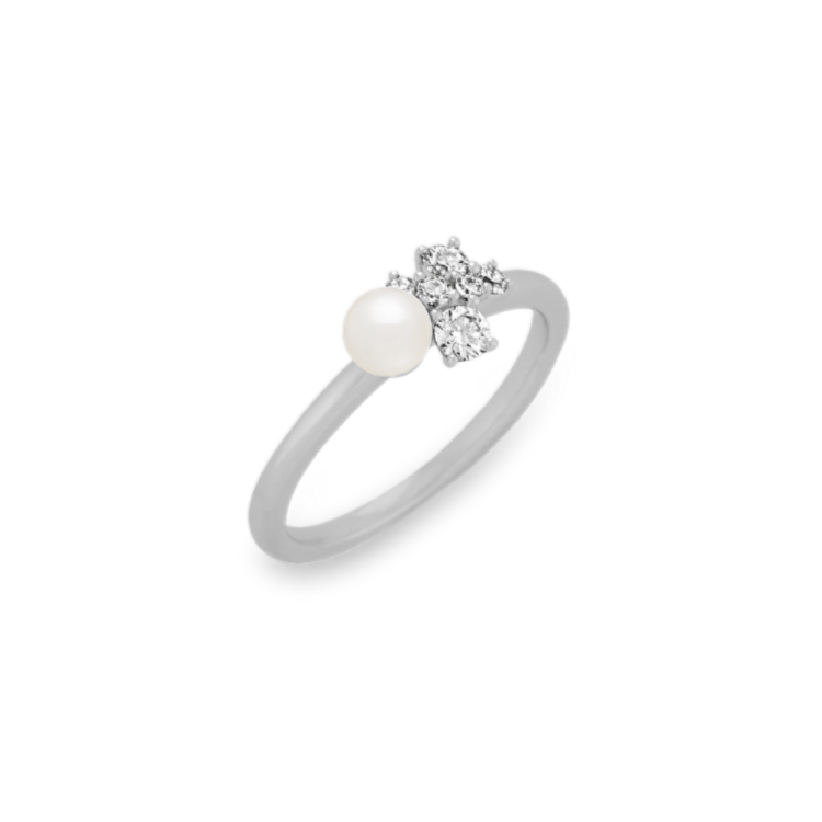 4mm Akoya Pearl and Natural Diamond Ring in 14K White Gold