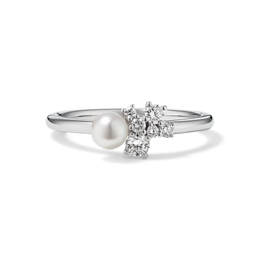 4mm Akoya Pearl and Diamond Ring in 14K White Gold
