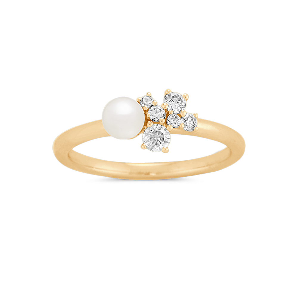 4mm Akoya Pearl and Natural Diamond Ring in 14K Yellow Gold