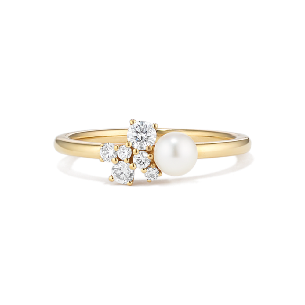 4mm Akoya Pearl and Diamond Ring in 14K Yellow Gold