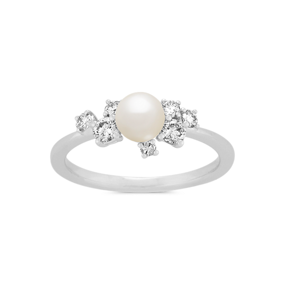 Catherine 5mm Akoya Pearl and Diamond Ring in 14k White Gold