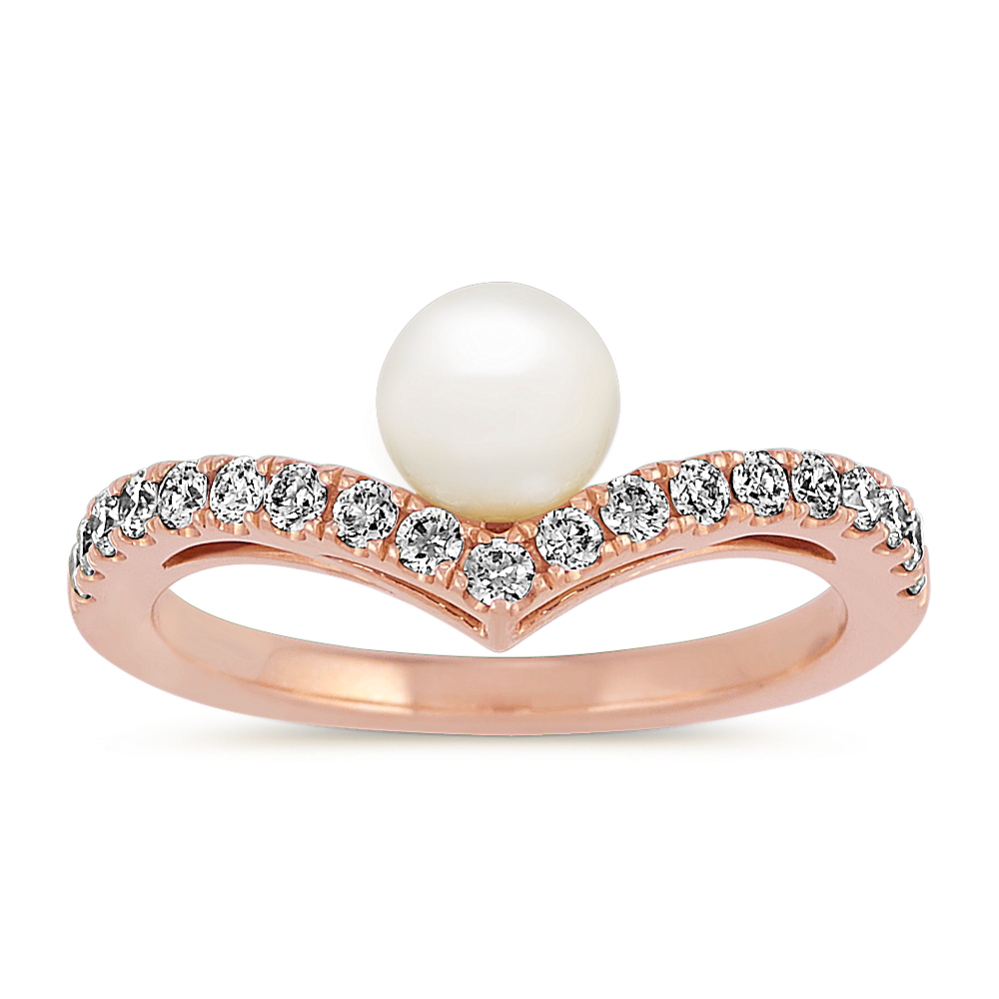 5.5mm Freshwater Cultured Pearl and Diamond Ring in 14k Rose Gold