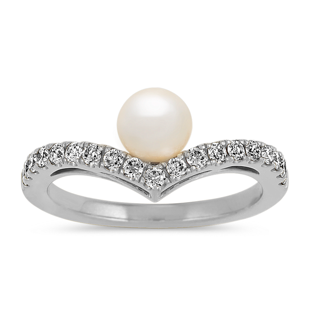 5.5mm Freshwater Cultured Pearl and Diamond Ring in 14k White Gold