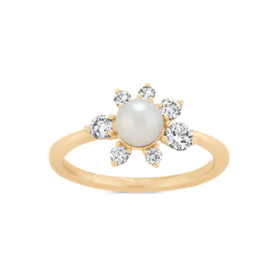 5mm Akoya Pearl and Diamond Floral Ring in Yellow Gold | Shane Co.