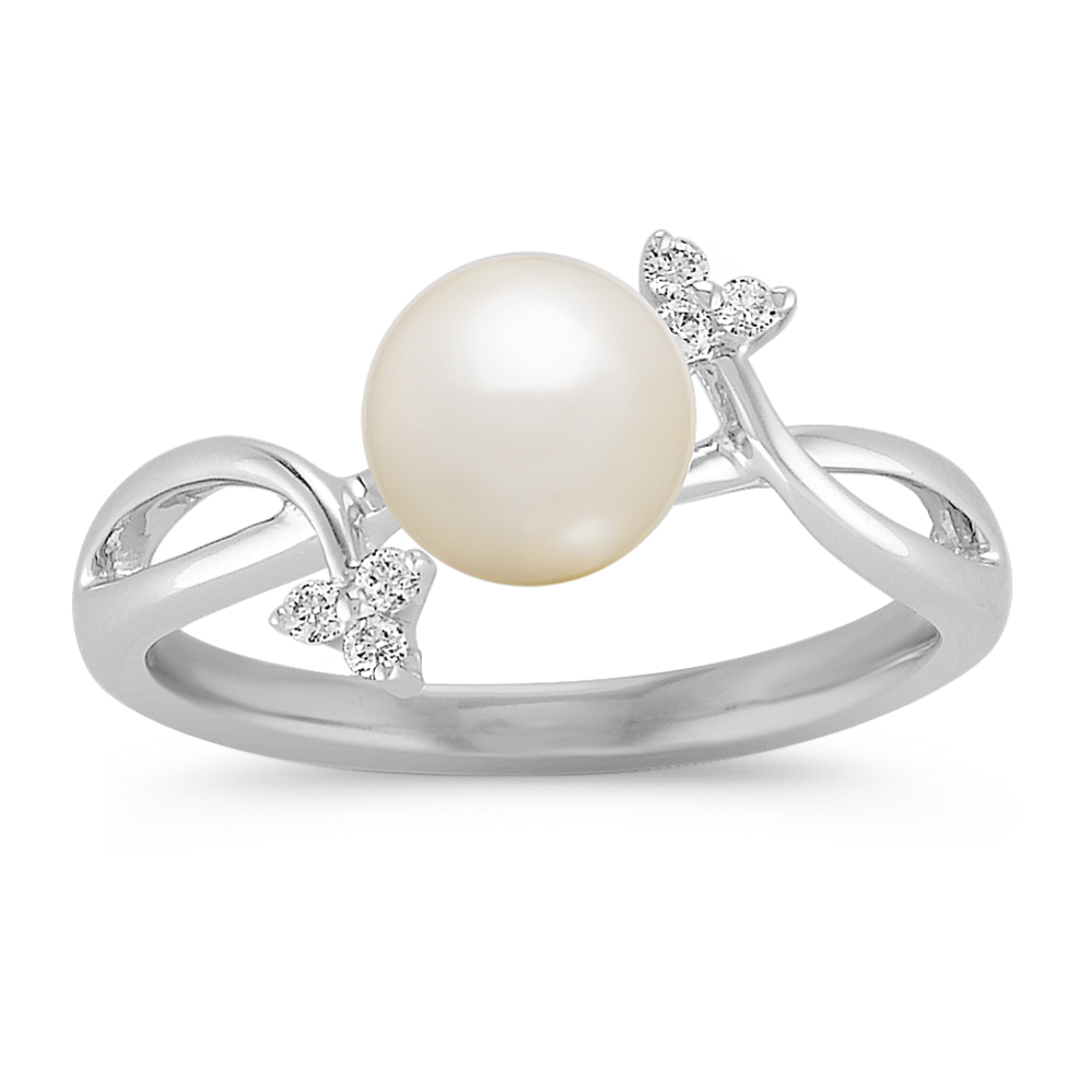 6.5mm Freshwater Cultured Pearl and Diamond Ring in Sterling Silver