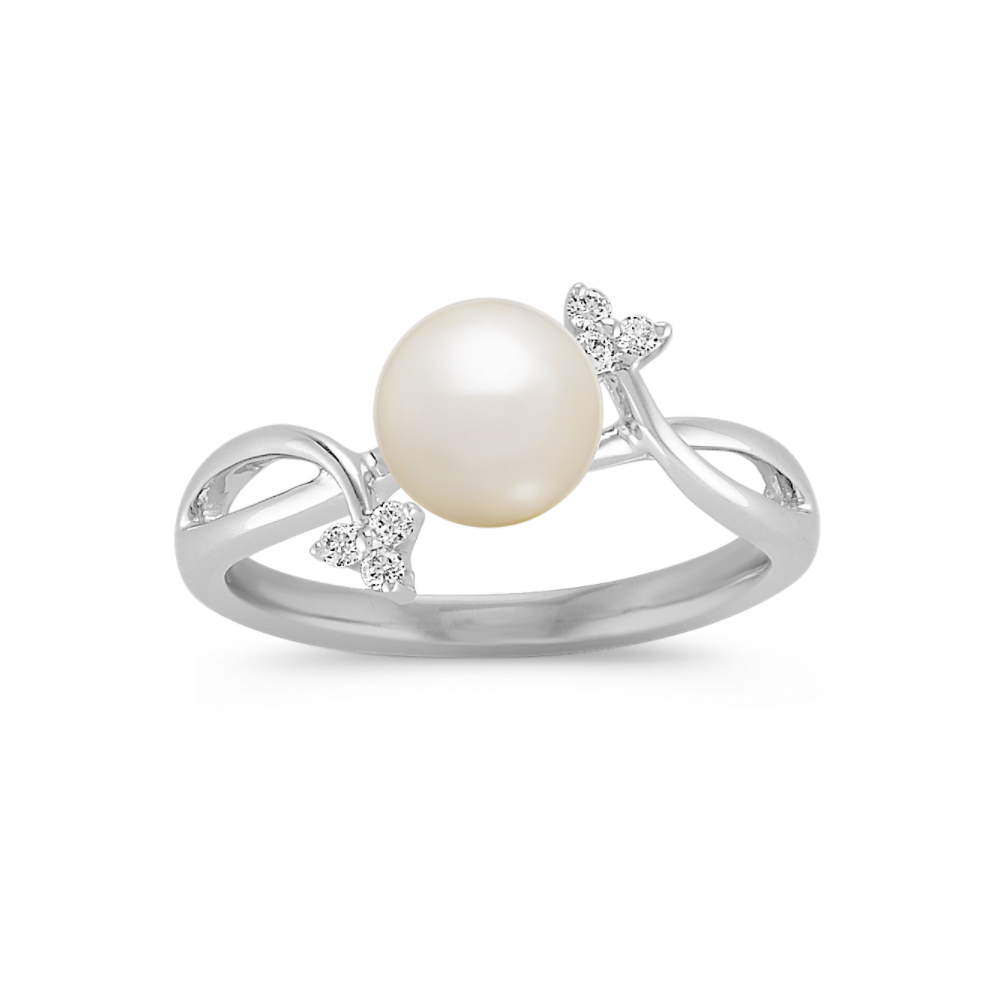 6.5mm Cultured Freshwater Pearl and Diamond Ring in Sterling Silver