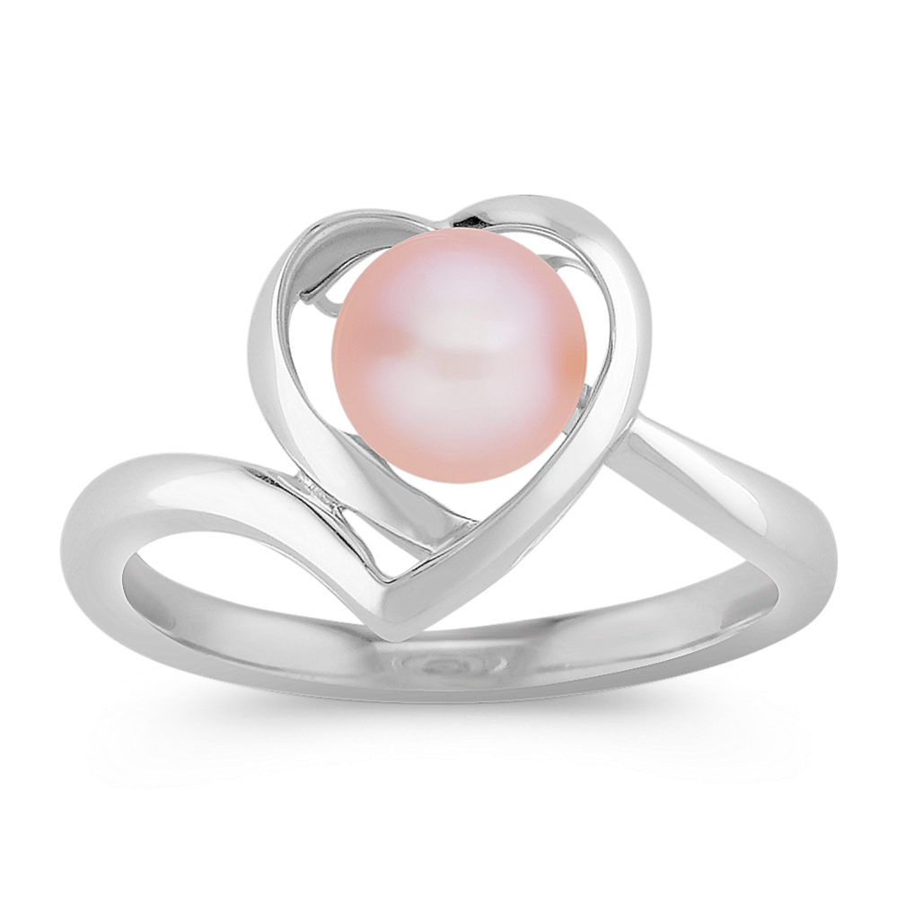 6.5mm Pink Cultured Pearl and Sterling Silver Heart Ring