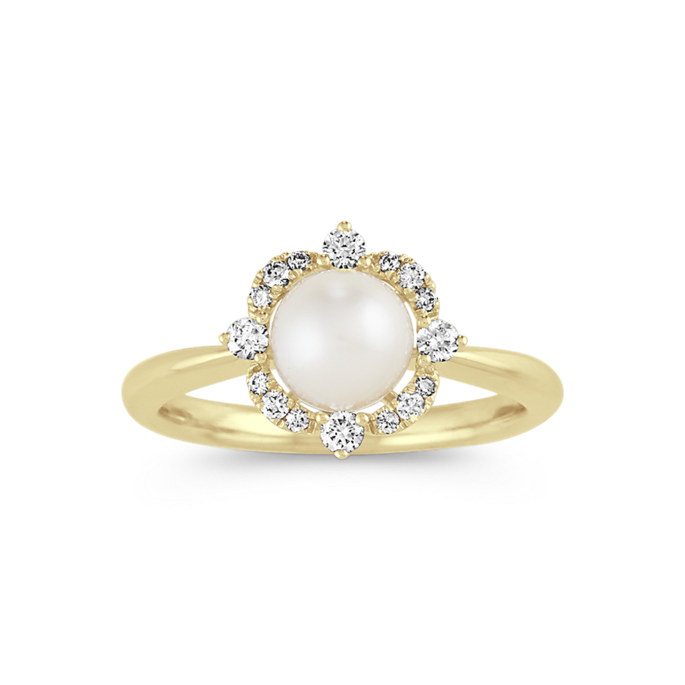 Musique 6mm Akoya Cultured Pearl and Natural Diamond Ring in 14K Yellow Gold