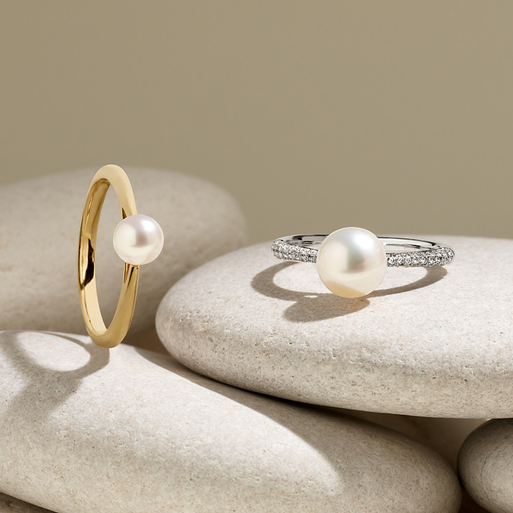 7mm Akoya Pearl and Natural Diamond Ring in 14k White Gold