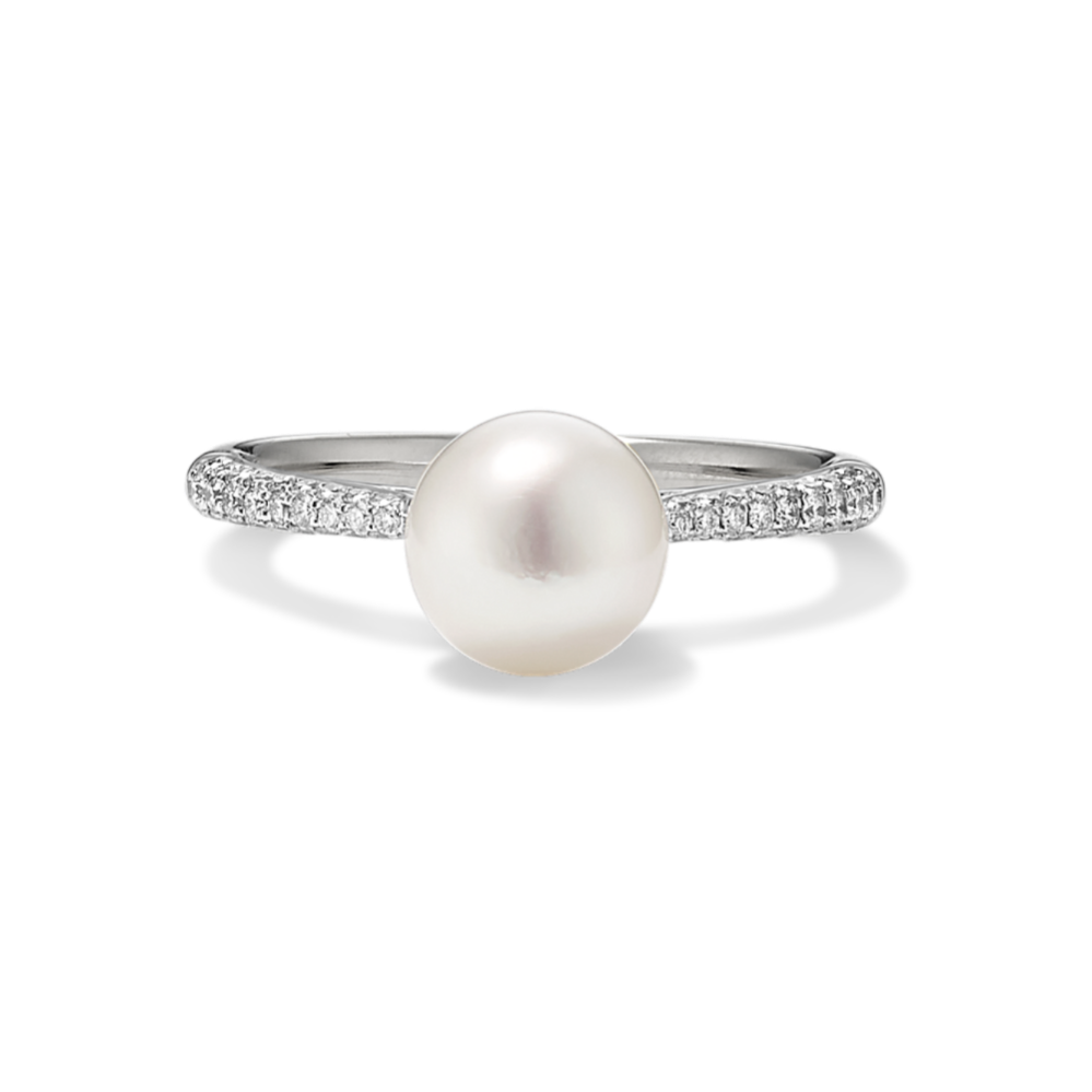 7mm Cultured Akoya Pearl Pave Cathedral Ring | Shane Co.