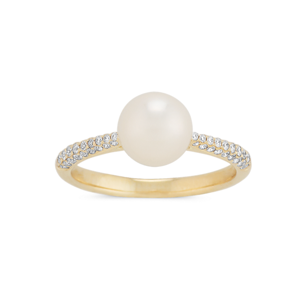 7mm Cultured Akoya Pearl Pave Cathedral Ring