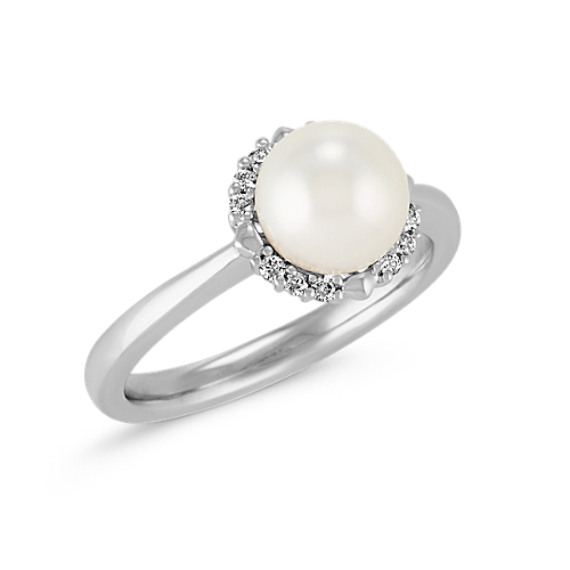 7mm Cultured Akoya Pearl and Diamond Halo Ring in 14k White Gold ...
