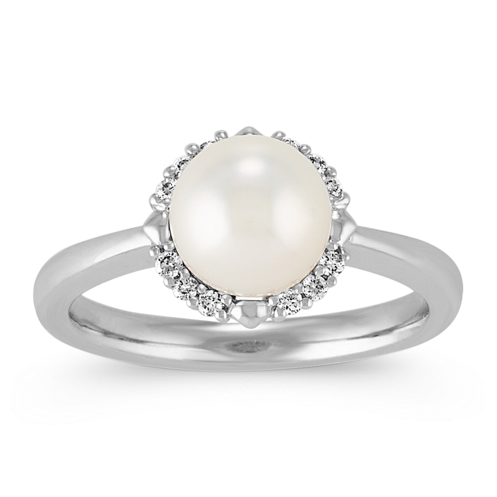 7mm Akoya Cultured Pearl and Diamond Halo Ring in 14k White Gold