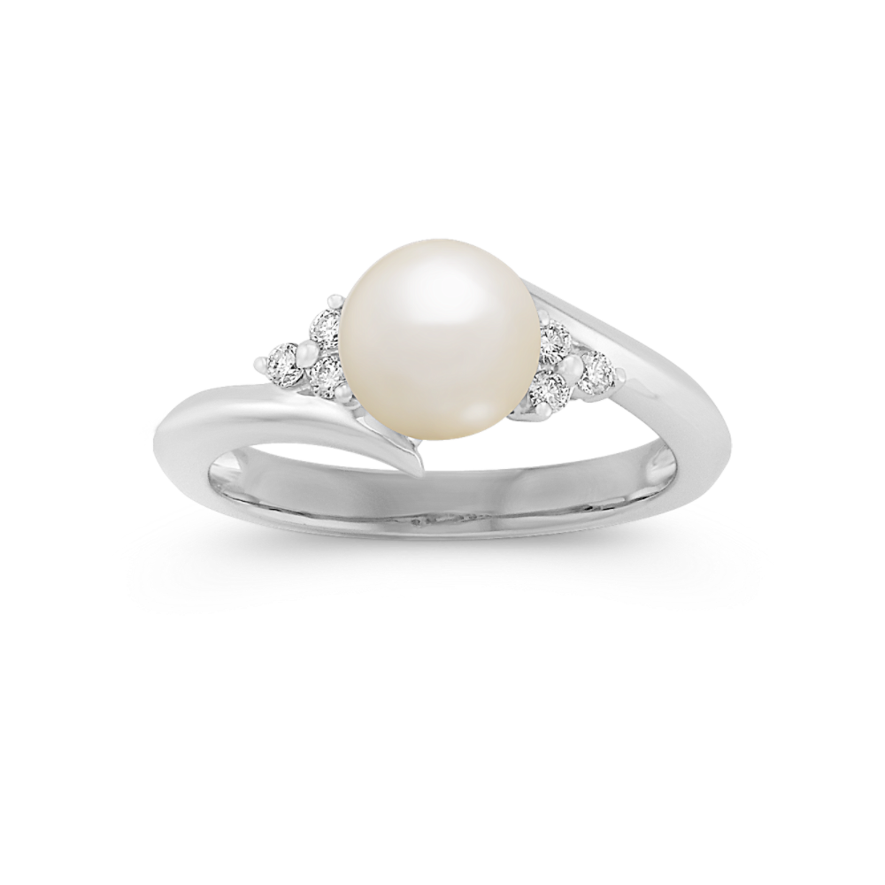 7mm Akoya Cultured Pearl and Round Natural Diamond Ring