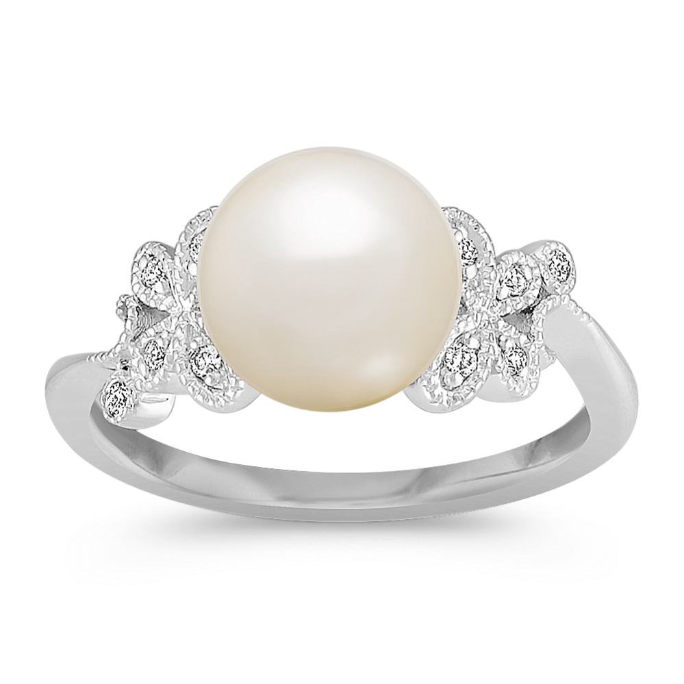 8.5mm Freshwater Cultured Pearl and Diamond Ring in Sterling Silver