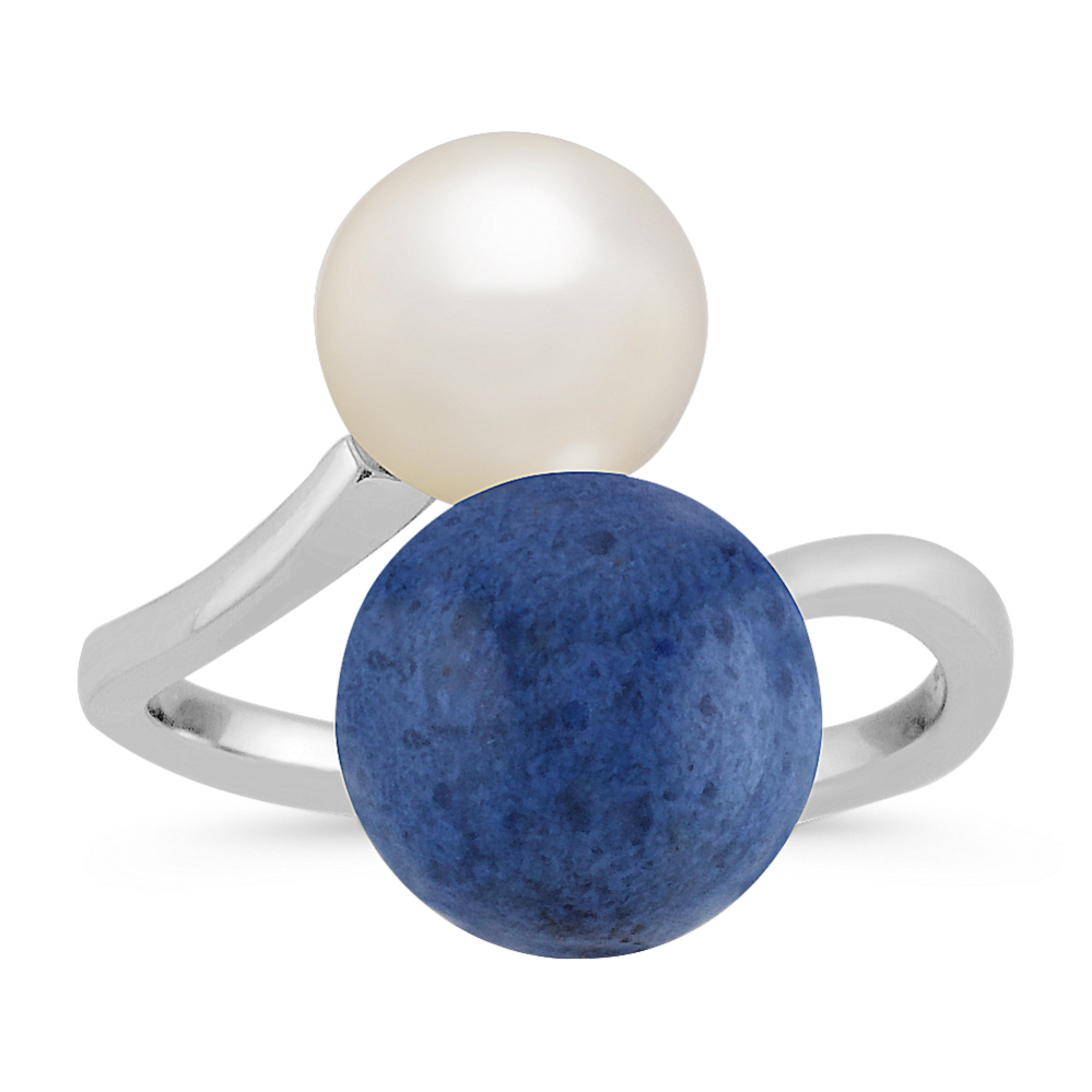8mm Freshwater Cultured Pearl and 10mm Blue Quartz Ring