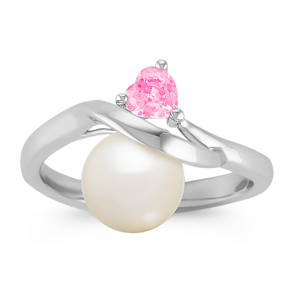 8mm Freshwater Cultured Pearl and Heart-Shaped Pink Sapphire Ring in Sterling Silver