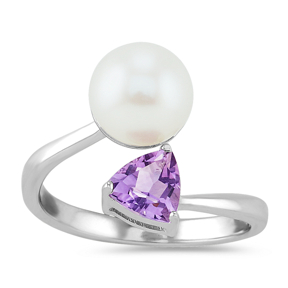 8mm Freshwater Cultured Pearl and Amethyst Crossover Ring
