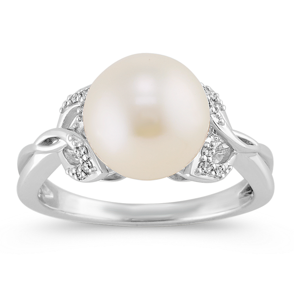 9.5mm Freshwater Cultured Pearl and Diamond Ring with Leaf Accent
