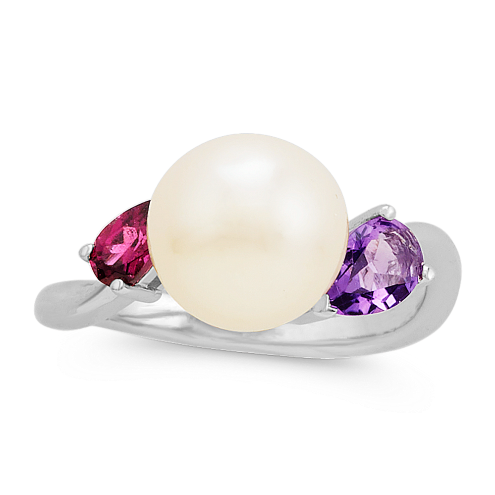 9mm Freshwater Cultured Pearl Garnet and Amethyst Ring