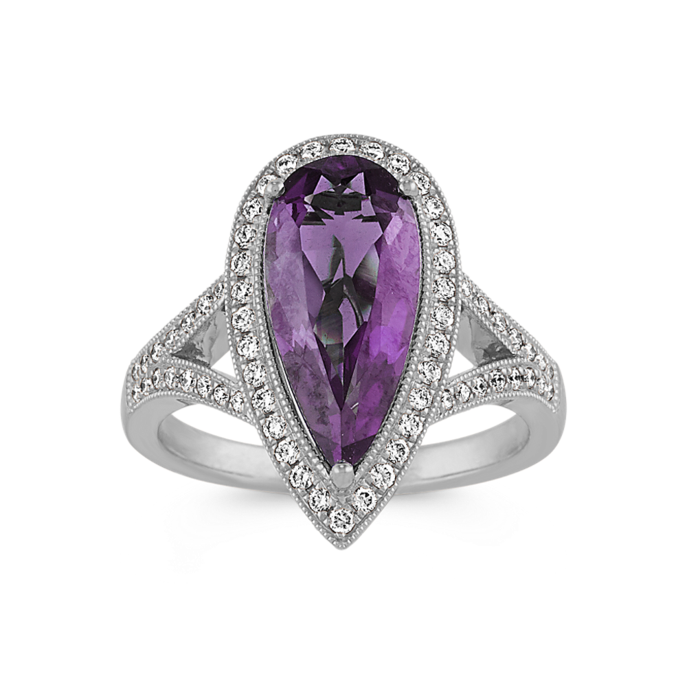 Violetta Natural Amethyst and Natural Diamond Cocktail Ring in 14K White Gold