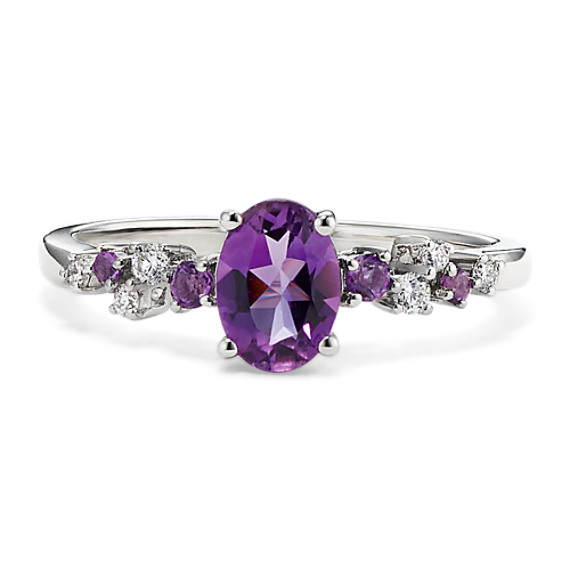 Sterling Silver 2 MM Diamond and Amethyst Ring